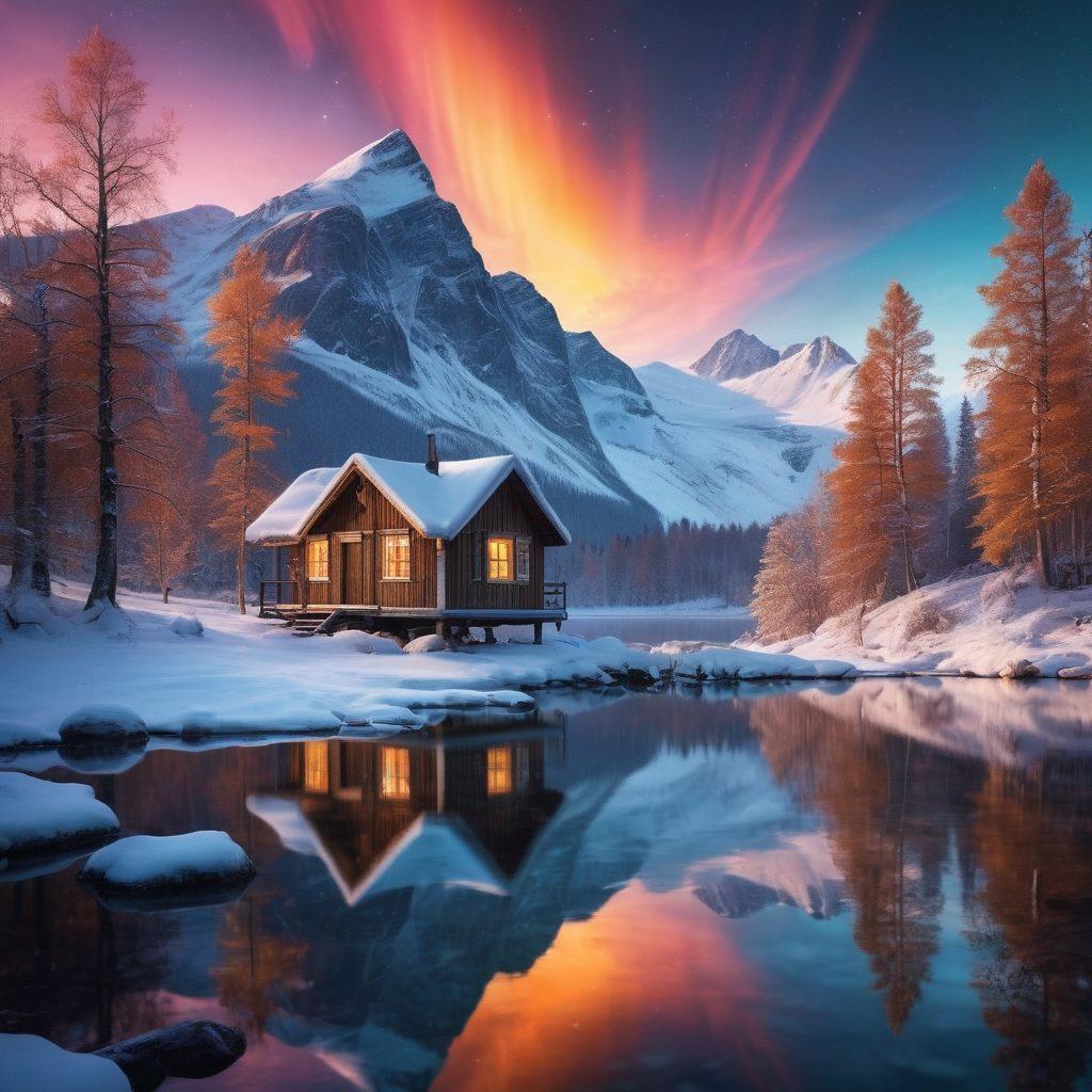 A picturesque Nordic landscape featuring a serene lake surrounded by towering snow-capped mountains, with a charming cabin emitting warm light. Ethereal, mystical creatures like fairies or elves flit through the forest in the background, while a soft, luminescent aurora dances overhead. The scene captures a romantic atmosphere, blending nature and mythology in perfect harmony. super-realistic. vibrant colors. soft focus.