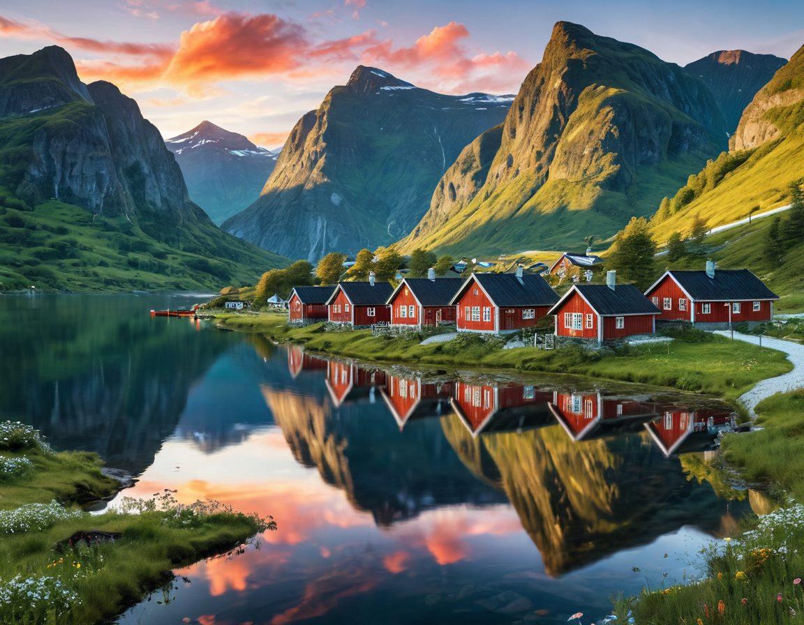 A breathtaking panoramic view of a Scandinavian landscape, featuring majestic fjords, lush green mountains, and a vibrant sunset reflecting on tranquil waters. Include traditional Scandinavian wooden houses and folklore-inspired elements like trolls and mythical creatures amidst wildflowers. Capture the essence of adventure and heritage in vibrant colors. super-realistic. vibrant colors. white background.