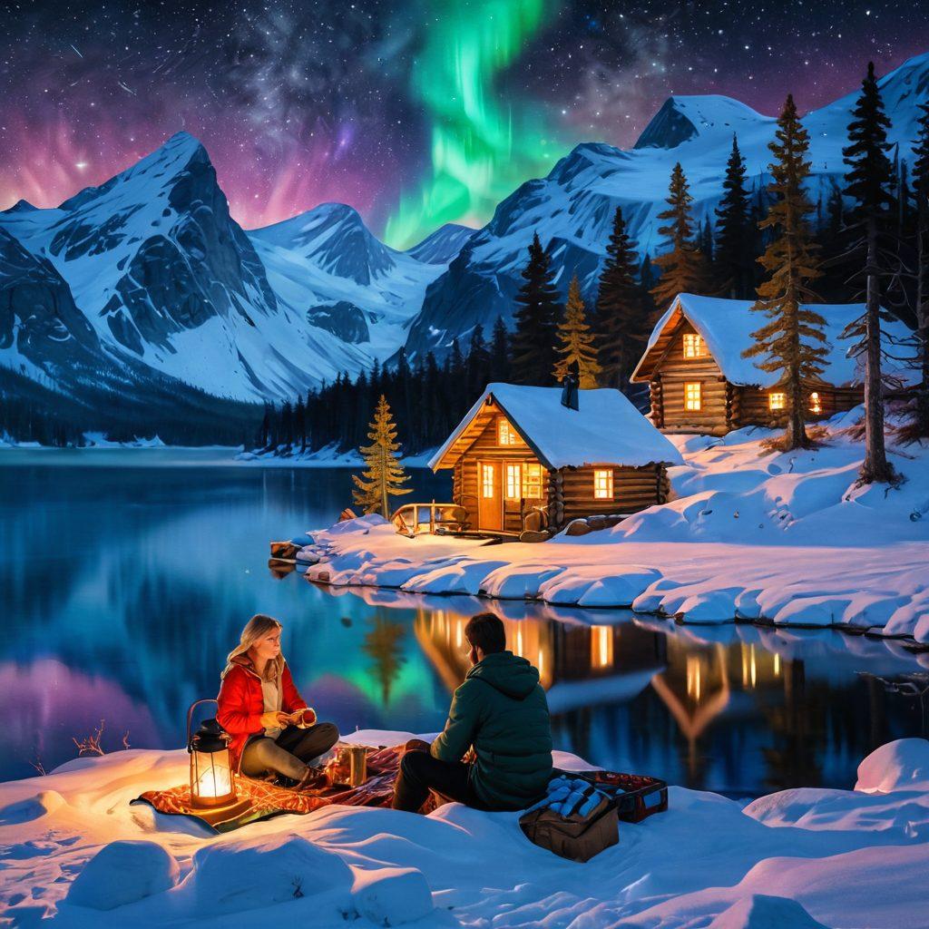A couple exploring a magical Nordic landscape, surrounded by snow-capped mountains and shimmering auroras in the night sky, indulging in a cozy picnic by a crystal-clear lake. The scene captures moments of affection, laughter, and warmth, with lanterns glowing softly, creating an enchanting atmosphere. Include traditional Nordic elements like wooden cabins and pine trees. pastel colors. painting.